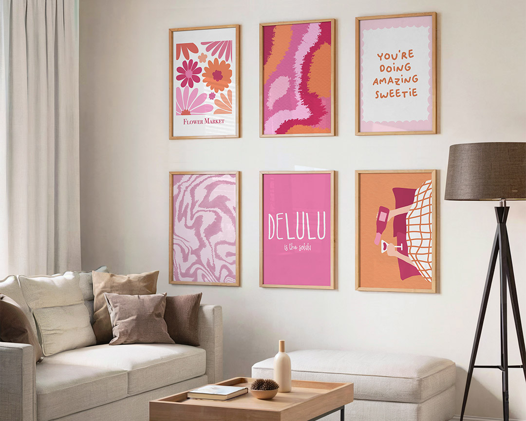 Collection of framed art prints.